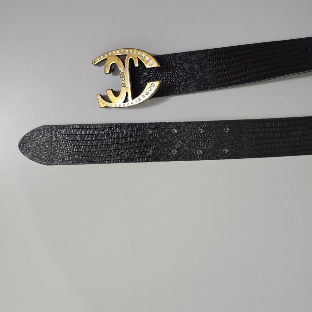 JUST CAVALI Black Leather Belt Rhinestone Trim 38.5" Long - Picture 3 of 6